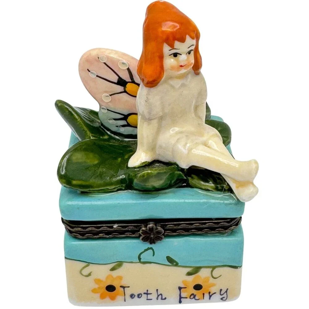 Tooth Fairy VtgTrinket Box with Green Leaves Figurine 3.25